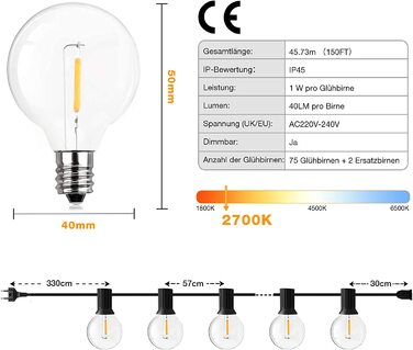 Вуличні гірлянди, вуличні гірлянди GPATIO 7,62 м з живленням від 12 Пластикова лампочка, світлодіодні гірлянди G40 водонепроникні для вечірки в саду, весільного декору і т. д. (Теплий білий, 45,72 метра)