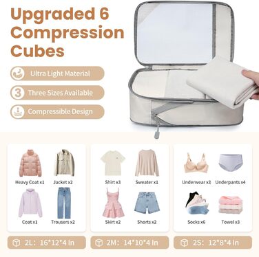 Набір компресійних органайзерів для одягу в подорожі, 6 шт, прозорі пакувальні куби для валізи, легкі та міцні, бежевий колір