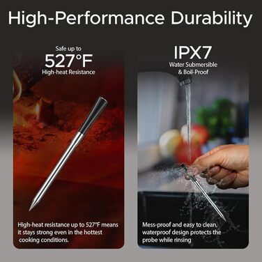 Бездротовий термометр для м'яса з Bluetooth, моніторинг через додаток з сигналом тривоги, IPX7 водонепроникний, велика дальність, мультисенсор, смарт-термометр для гриля (2 зонди, чорний)