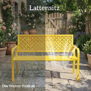 Лавочка для саду на 2 особи, металева, стійка до погодних умов. Міцна конструкція з антикорозійним покриттям та геометричним дизайном, витримує до 240 кг.