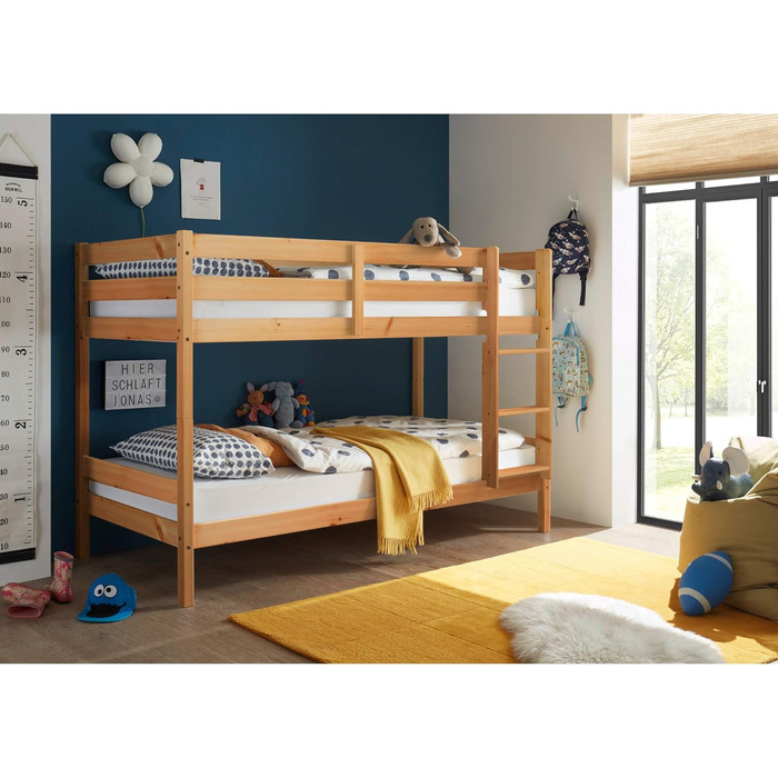 Сучасне ліжко-горище зі сходами та двома лежачими поверхнями 90 x 200 см - Компактне дитяче двоярусне ліжко з масиву сосни, сірого кольору - 97 x 140 x 207 см (W/H/D) (Натуральна сосна)