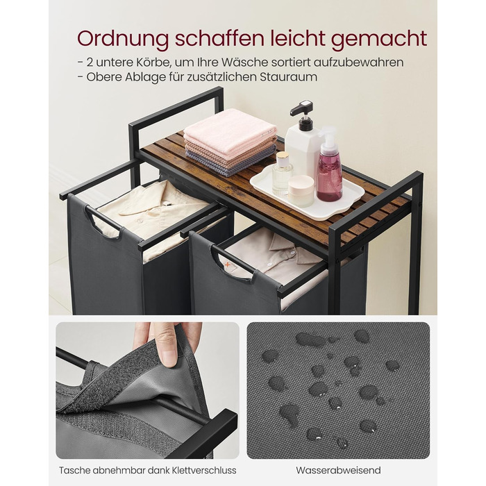 Кошик для білизни VASAGLE з 2 відділеннями, 92 л, чорно-вінтажний, з металевим каркасом