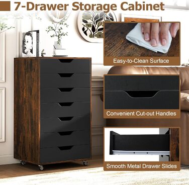 Роликовий контейнер GIANTEX з 5 висувними ящиками, комод на колесах під стіл, офісний шафчик для дому та офісу (білий, чорний + коричневий), 49 x 40 x 87 см