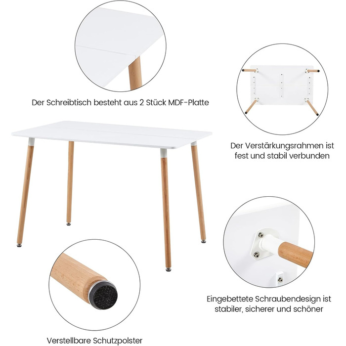 Обідній стіл з 4 стільцями для кухні/вітальні (110 см, прямокутний) - білий стіл та 4 світло-хакі стільці