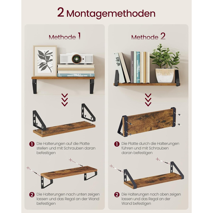 Настінна полиця VASAGLE, 6 шт. у наборі, полиці для стін, 30/35/40 см, для вітальні, кухні, кабінету, ванної кімнати, вінтажний коричневий + матовий чорний, LWS033K02