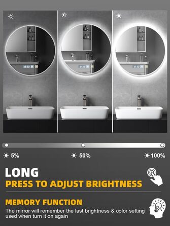 Дзеркало для ванної кімнати 600мм з підсвічуванням, регульоване, з антизапарюванням, таймером, IP44, кругле