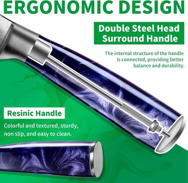 Набір кухонних ножів Fullhi 14 предметів з бруском та чохлом, набір кухонних ножів для приготування стейків, кольорова ручка (фіолетовий смоляний)