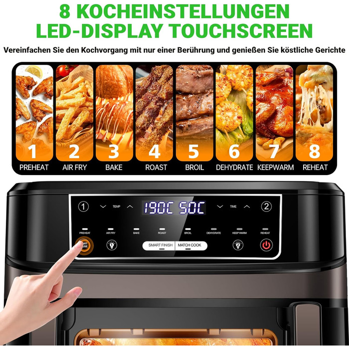 Фритюрниця повітряна XXL, 12л, 8-в-1, з двома камерами, окреме регулювання температури, сенсорний екран, чорний