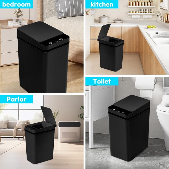 Чорний автоматичний смітник 8L з датчиком - для ванної кімнати, кухні, безшумний, сенсорний, вологостійкий