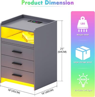 Приліжкова тумбочка Lvifur LED з функцією зарядки, 24 кольори з можливістю затемнення, 3 ящики, USB-C, сенсор, сірий