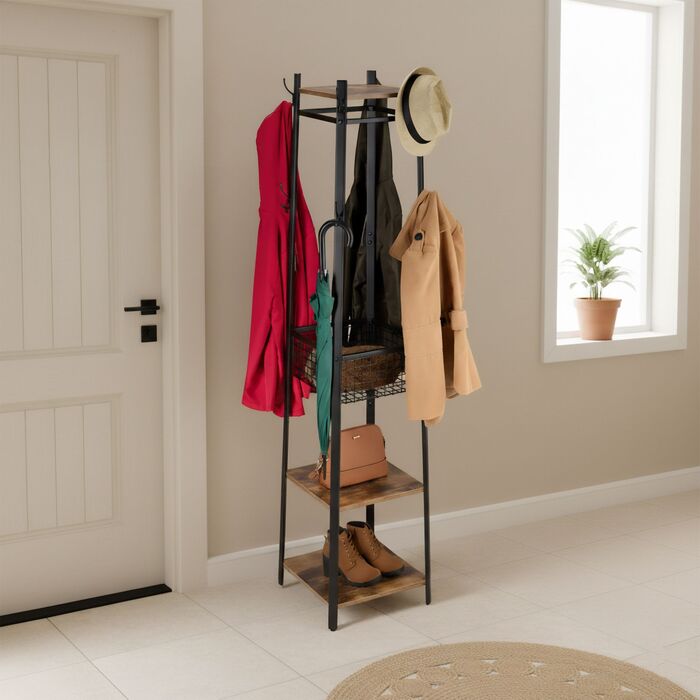 Настінна вішалка Relaxdays з гачками, полицями та кошиком