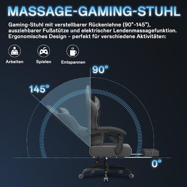 Ігровий крісло, офісне крісло з підніжкою, ергономічне крісло з регульованою спинкою 90-135°, вантажопідйомність 150 кг (сірий)