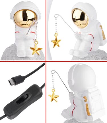 Астронавт на Місяці з вудкою - Настільна лампа 32 см зі світлодіодним кільцем - Космічна приліжкова лампа з непрямим освітленням і штекером USB-C - Декоративний світильник ручного розпису для сучасних космічних подорожей (шолом золото)