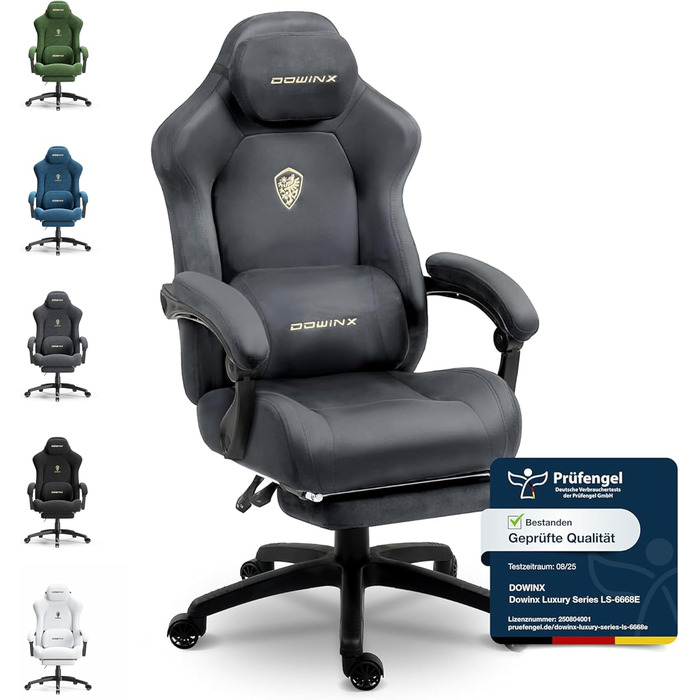 Ігрове крісло Dowinx з масажем попереку, регульованою підголівником, потовщеним сидінням, висувною підніжкою, регульованими підлокітниками, мікрофібровим велюром, нахилом 160°, темно-сіре