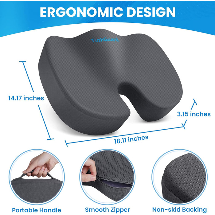 Подушка для сидіння TushGuard: для офісного крісла, авто, з Memory Foam, протиковзка, сіра, велика
