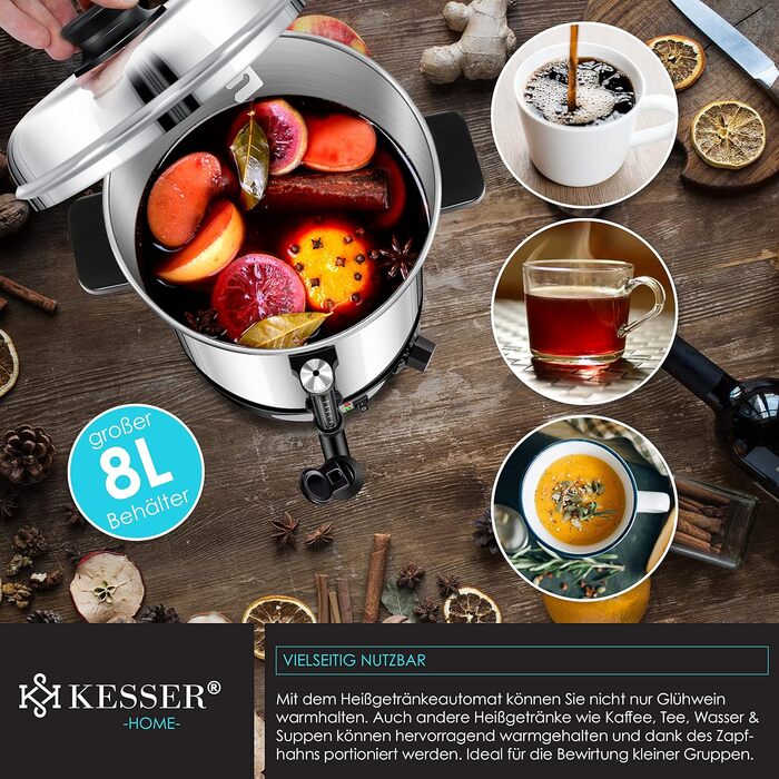 Глювайновий котел KESSER® 8L з нержавіючої сталі: котел для глінтвейну з термостатом, 10 склянок, дисплей рівня, кран, сріблястий