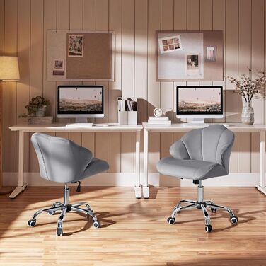 Крісло для дому та офісу Yaheetech, крісло для макіяжу, офісне крісло з регулюванням висоти, поворотне, з м'якою спинкою у формі мушлі, на коліщатках, з велюру, до 136 кг, білий (світло-сірий)