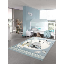 Килим-мрія, килим для дитячої кімнати, килимок для ігор, намет для індіанців, лев, зебра, кактус, розмір (120x170 см, синій кремово-сірий)