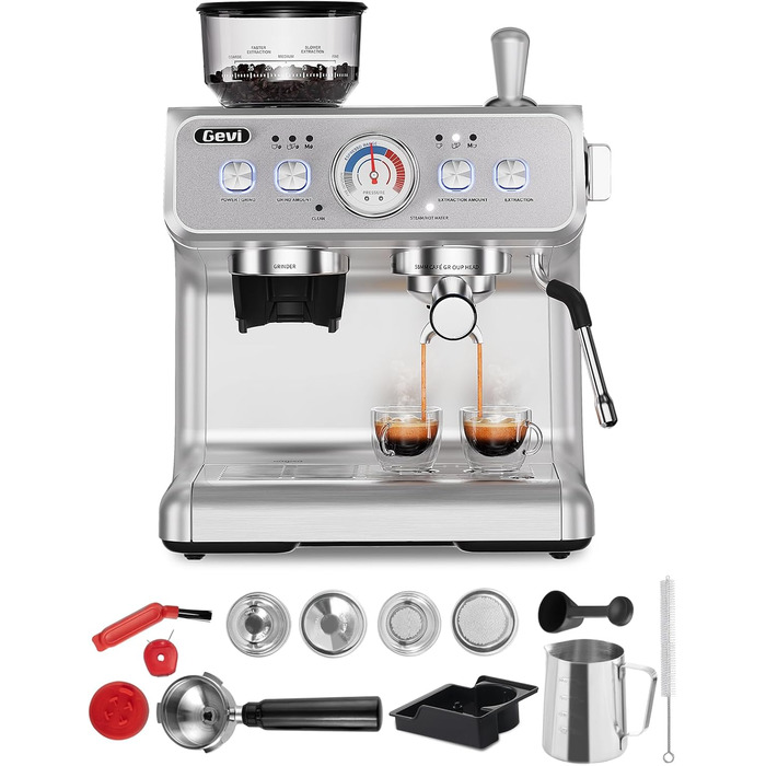 Gevi 2025 Upgrade: Професійна кавомашина еспресо з вбудованою кавомолкою, Dual Boiler, 20 Bar, 2.8л бак, нержавіюча сталь, срібна