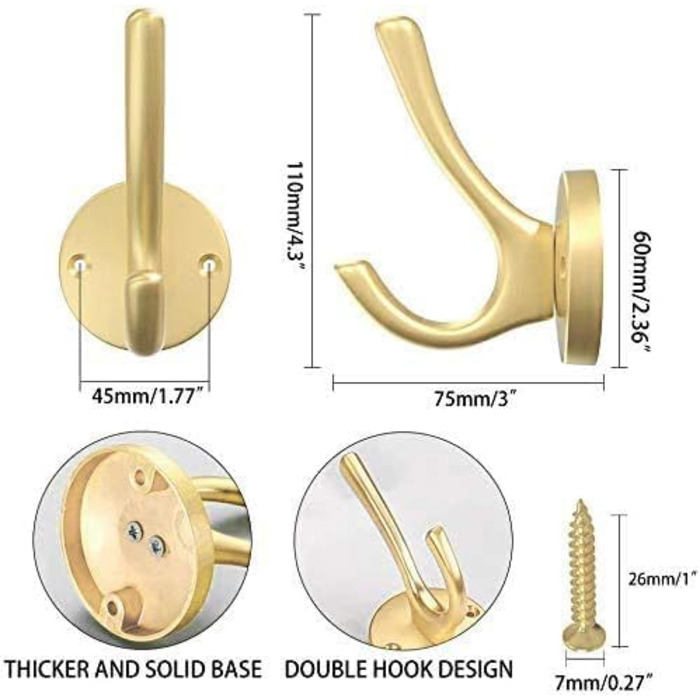 Гачки для гардеробу ZUONAI, Сучасні гачки для одягу, важкі гачки для гардеробу, гачки для куртки, настінні гачки для рушників, подвійний гачок для кухні, ванної кімнати, гардеробу (2 шт., золото)