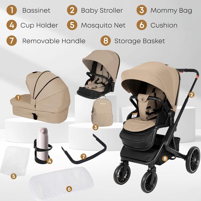 Дитяча коляска 2-в-1 BabyVoyage з люлькою та прогулянковим блоком, поворотні колеса 360°, амортизація, регульована ручка, складана, колір зелений (хакі)