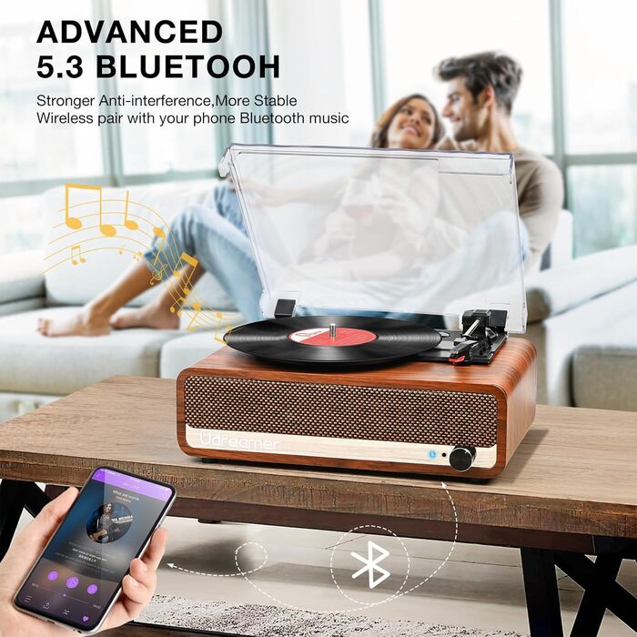 Вініловий програвач Udreamer з Bluetooth, вбудованими динаміками, USB, AUX, RCA, підтримкою навушників, 3 швидкості, ремінний привід, вінтажний дизайн, помаранчево-жовтий
