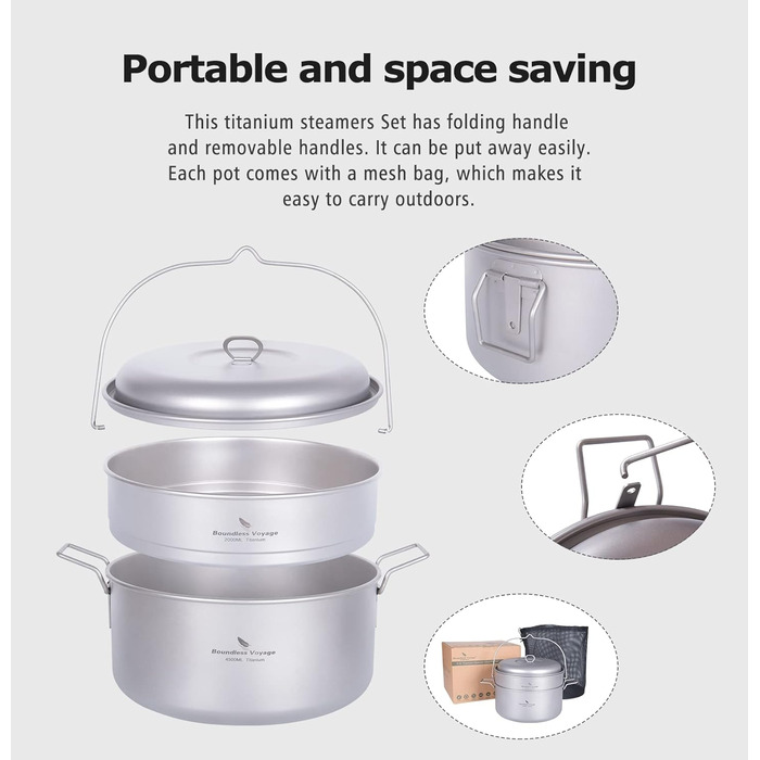 Набір посуду iBasingo 4.5L та 2L: каструля, пароварка, для кемпінгу, пікніка, туризму. Підходить для 3-5 осіб.