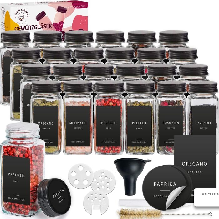 Набір скляних банок для спецій [24 x 120 мл] з 301 етикеткою (німецька мова) | Матові чорні кришки | Контейнери для спецій з металевими кришками та дозатором. Кутові скляні банки, набір 24 шт, чорний колір - 24 - чорні етикетки
