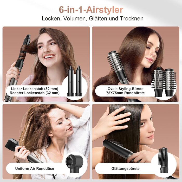 Аеростайлер 6 в 1, Іонний фен, Багатофункціональний Hairstyler, 110000 об/хв, Професійна щітка з теплим повітрям, Плойка автоматична, Випрямляч, Для Укладання, Об'єму, Завивка та Випрямлення Срібло