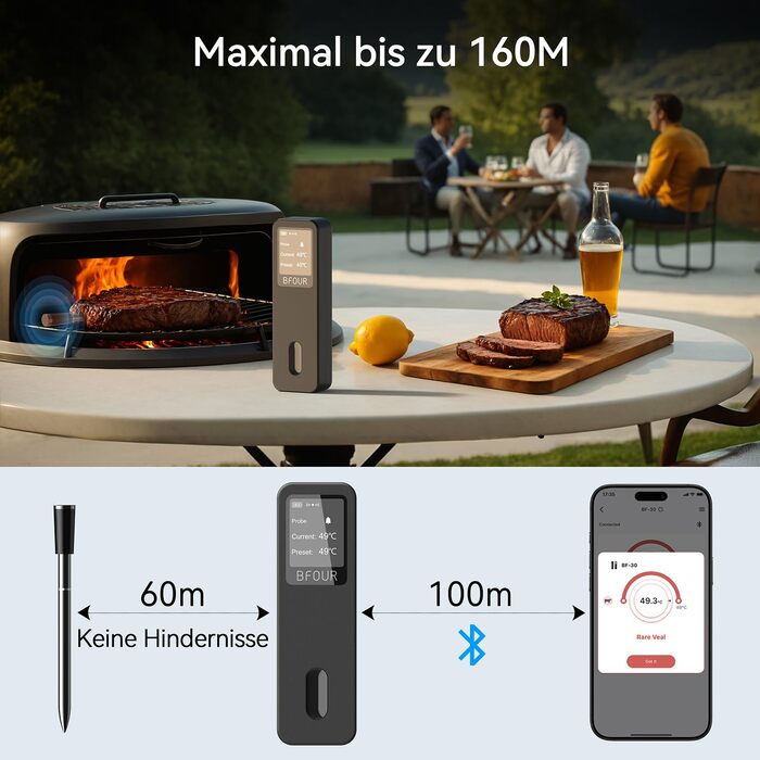 Термометр для м'яса BFOUR BF-30 PRO: бездротовий Bluetooth термометр для гриля з підключенням до додатку, LCD-дисплей, IP67 водонепроникний, для BBQ, духовки, гриля, кухні (чорний)