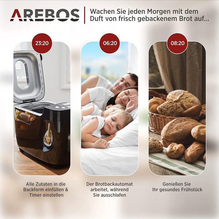Хлібопічка Arebos 1500г з 15 програмами 2 гачки для тіста Таймер РК-дисплей 3 ступені підрум'янювання та розміри хліба 850 Вт Чорний
