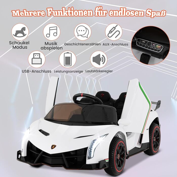 Електромобіль для дітей COSTWAY Lamborghini з пультом, LED фарами, сигналом, музикою, швидкість 3-6 км/год, білий, для дітей від 3 років