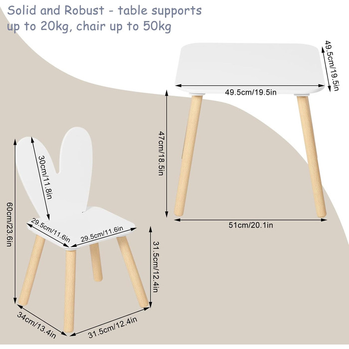 Дитячий стіл з 2 стільцями, дитяча група відпочинку, спинка з кролячим вухом, білий