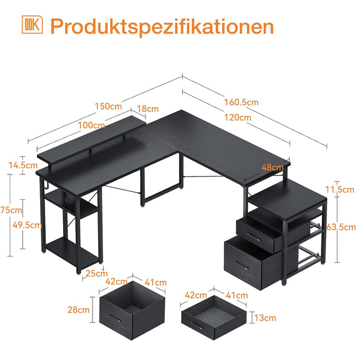 Кутовий стіл ODK 168160 см, стіл чорний, офісний стіл з полицею і шафою для зберігання, Г-подібний стіл з полицею для монітора, комп'ютерний стіл для домашнього офісу (160,5150 см)