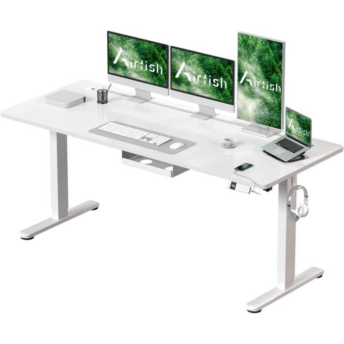 Електричний стіл Airfish з регулюванням висоти, USB-C зарядка, кабель-менеджмент, 3 положення пам'яті (білий, 180 x 80 см)