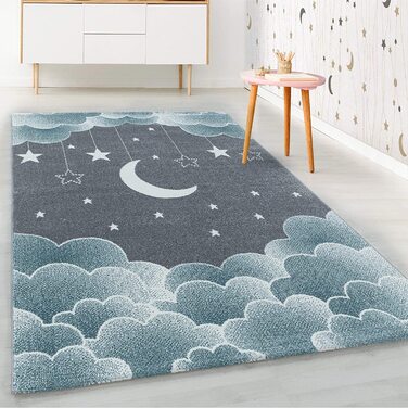 Дитячий килим HomebyHome з коротким ворсом у вигляді зоряного неба, Місяця, хмар, м'який дизайн для дитячої кімнати, Колір рожевий, Розмір (160 см круглий, синій)