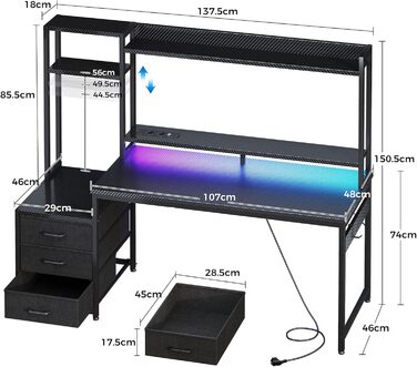 Ігровий стіл Coleshome з полицею та шухлядами, 137×48 см. Стіл для ігор з LED-підсвічуванням, розеткою, полицями та підставкою для монітора. Вуглецеве волокно, чорний колір