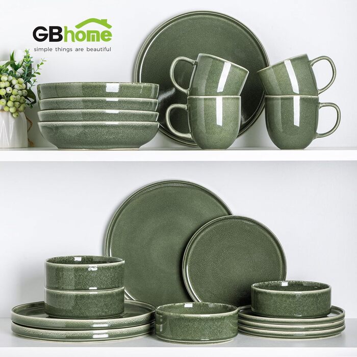 Сервіз GBHOME 4 шт. з кераміки, круглі тарілки та миски з реактивним склом, надзвичайно стійкий до сколів та тріщин, придатний для миття в посудомийній машині та використання в мікрохвильовій печі, матовий чорний оливковий зелений (12 шт.), Сервіз для 4 (