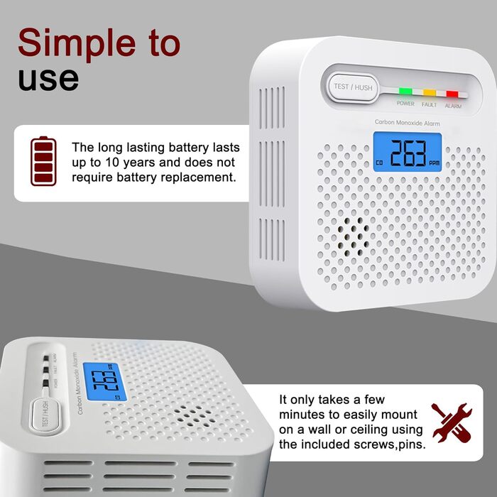 Детектор чадного газу CO з цифровим дисплеєм, портативний, для дому, авто, подорожей, офісу, ресторану, готелю (WiFi, 4 шт.)