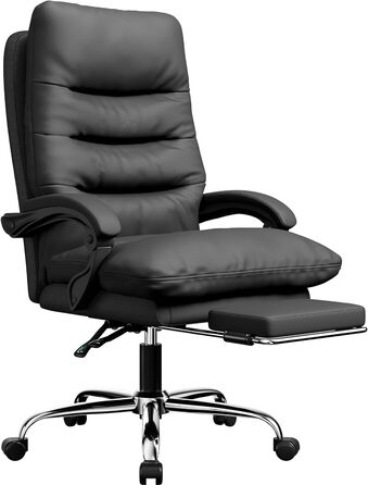 Ергономічне крісло для офісу Naspaluro з підніжкою, крісло для комп'ютера з двошаровою подушкою, високою спинкою, функцією відкидання, регулюванням висоти, з PU-шкіри, чорне, до 150 кг