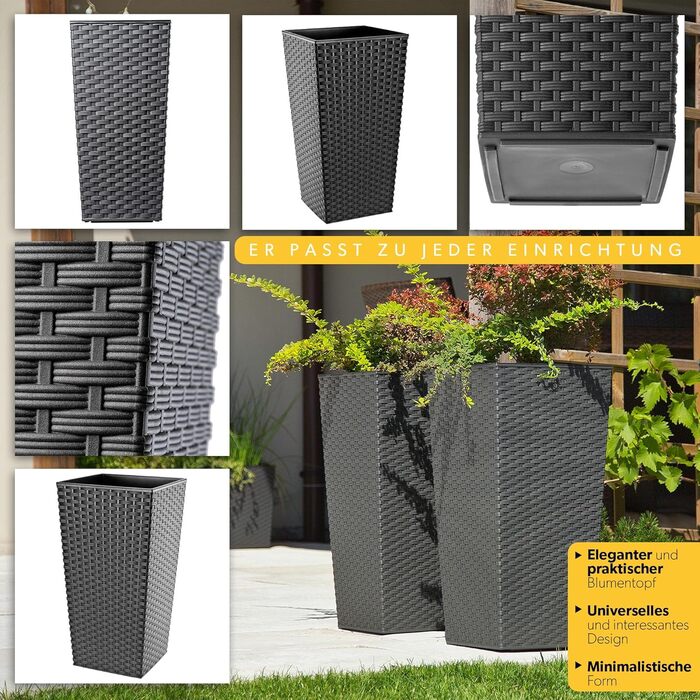 Набір горщиків для квітів KADAX 3 шт. (36/46,5/57,5 см) – пластикові, вологостійкі, для дому та саду, графіт, ротанг