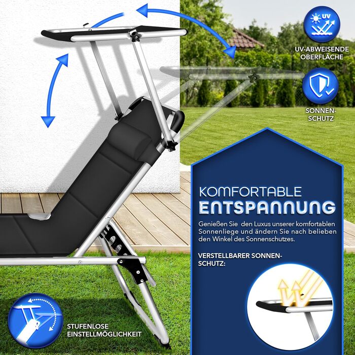 Сонячне ліжко Tillvex® з дахом та подушкою для голови | Садова розкладна ліжко-шезлонг | Пляжне ліжко з регульованою спинкою | Алюмінієва ліжко (з преміум-подушкою), Чорний