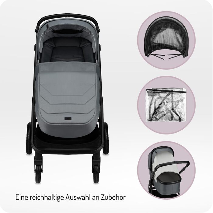 Дитяча коляска MoMi GISELLE 2 в 1 комбінована, сіра, з функцією візка, 5-точкова система безпеки, від народження до 22 кг, з корзиною для покупок, матрацом, дощовиком та пеленатором
