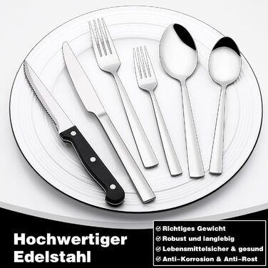 Набір столових приборів 72 шт. на 12 осіб, нержавіюча сталь, в т.ч. ніж для стейка, можна мити в посудомийній машині, квадратні краї