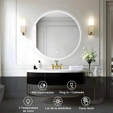 Дзеркало для ванної кімнати MYGIIVOVO з підсвічуванням LED, сенсорне керування, 3 кольори, діаметр 79 см
