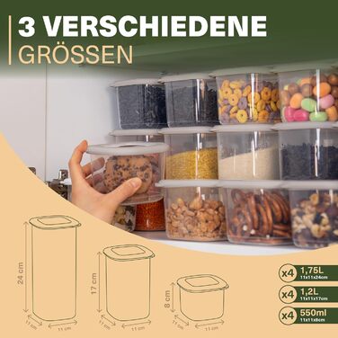 Набір контейнерів для зберігання з кришкою 12 шт. – Герметичні контейнери для борошна, мюслі, горіхів та ін. – Без BPA, складаються, придатні для миття в посудомийній машині – Вкл. наклейки