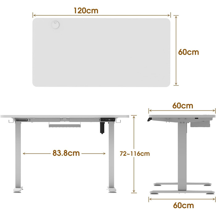 Електричний стіл Homall з регулюванням висоти 120x60 см, стільниця з чотирьох частин, функція пам'яті, білий