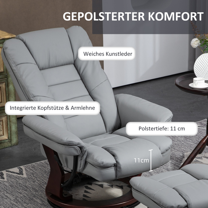 Крісло HOMCOM з пуфом, розкладне крісло, поворотне, з регульованою спинкою, з імітацією шкіри, до 130 кг, сірого кольору