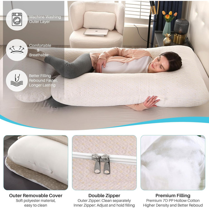 Подушка для вагітних GKXLH - J-подібна подушка для підтримки спини, живота та стегон, для комфортного сну, знімний чохол