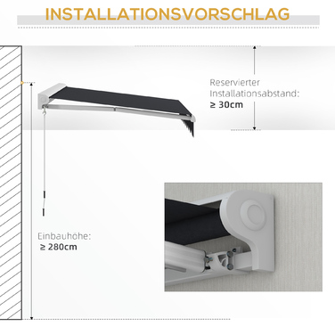 Електричний тент Outsunny Folding Arm 2,5x2 м з ручною рукояткою та дистанційним керуванням Настінний алюмінієвий навіс від сонця в сірому кольорі